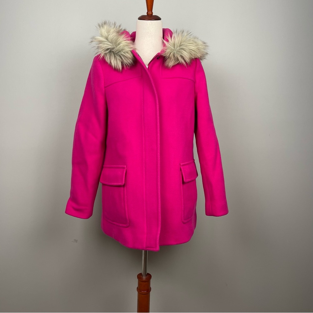 Talbots Wool Blend Coat Women’s 6 NWT Hot Pink Faux Fur Hood Italian Fabric